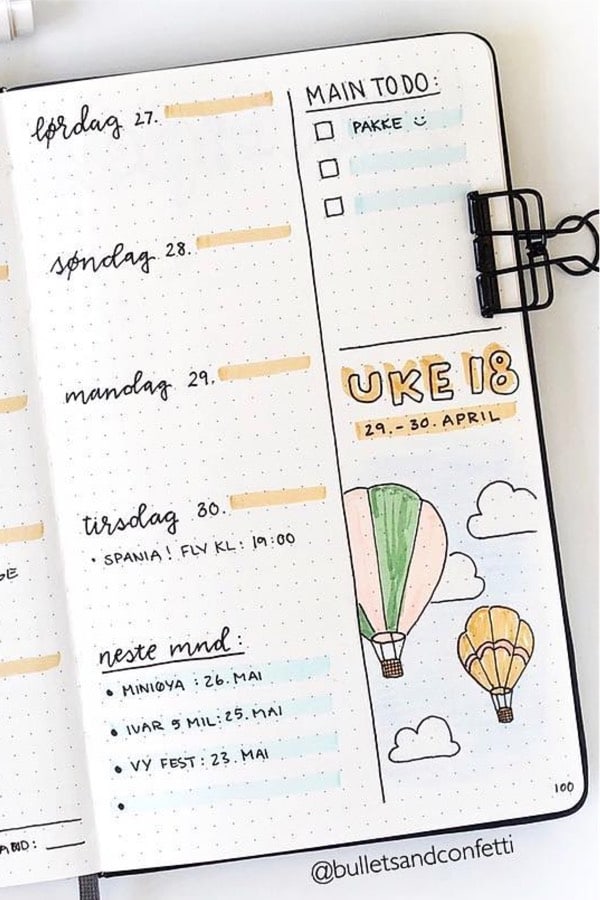 bullet journal spread with hot air balloon theme