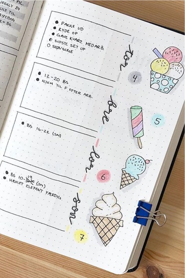 bujo layout with ice cream sundae doodles