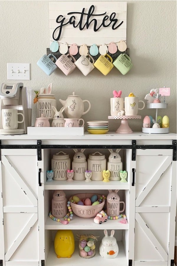 farmhouse coffee stand with easter decor