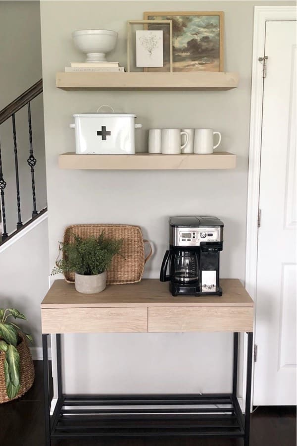 coffee bar with floating shelves