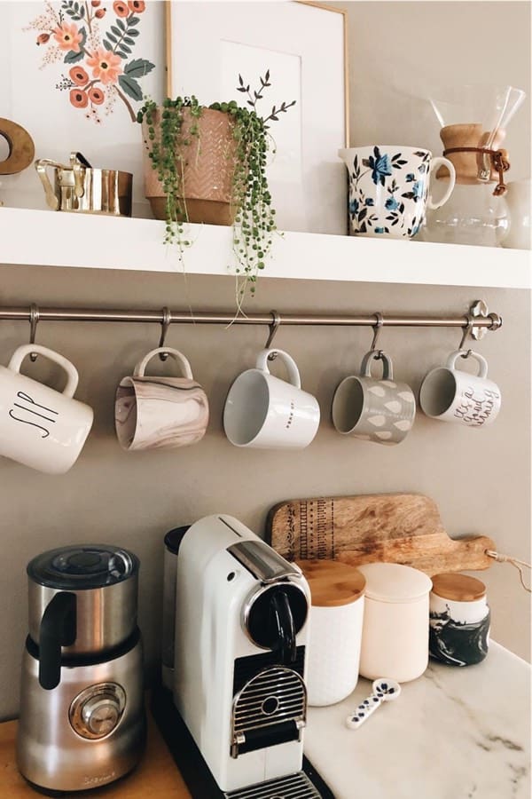 modern coffee station with white cups