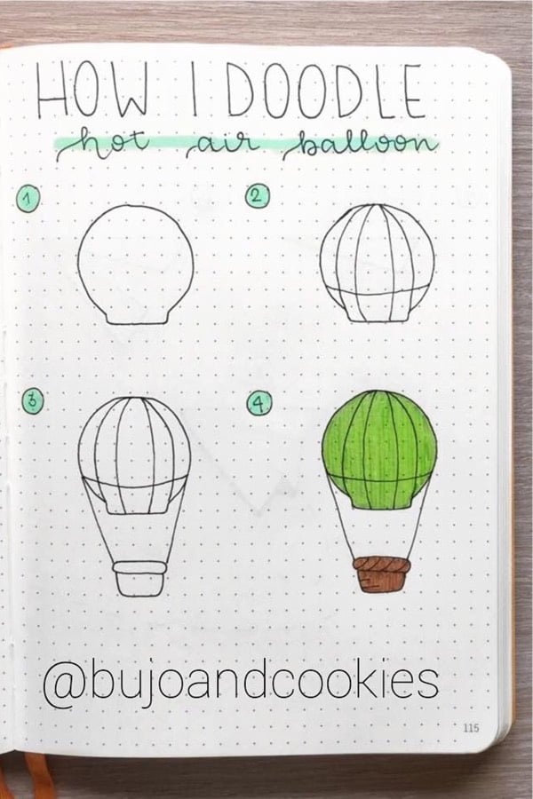 step by step hot air balloon bujo doodle spread