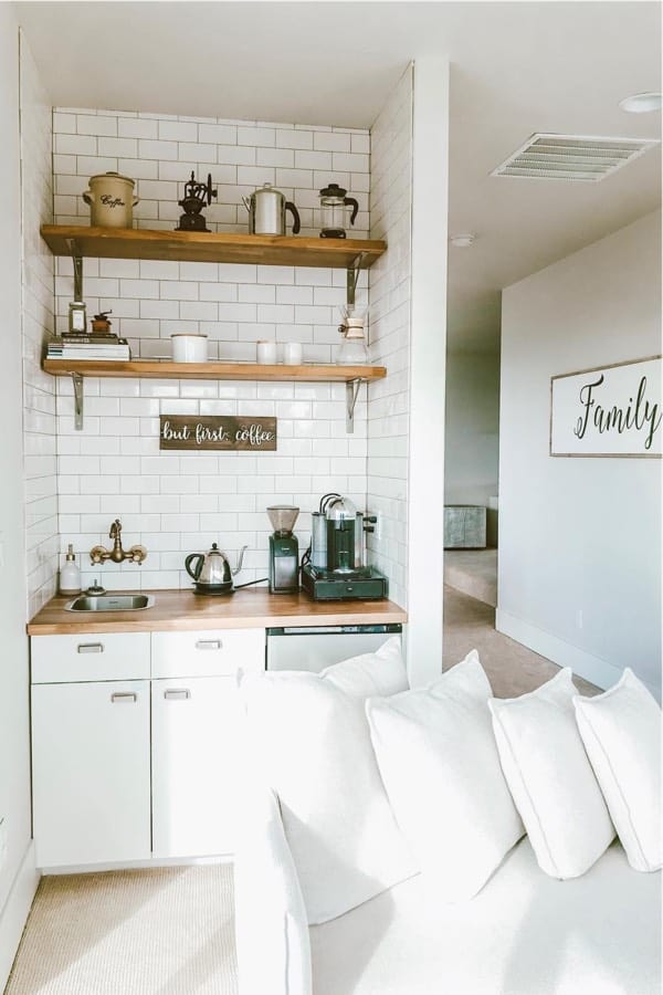coffee station with white subway tile