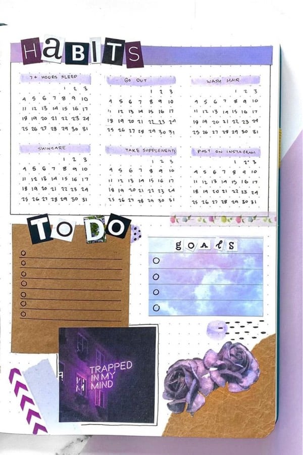 journal tracker page with purple scrapbook theme