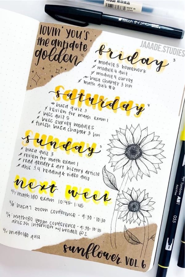 bullet journal log with sunflower drawings