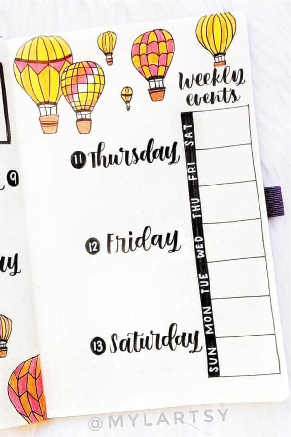 bullet journal spread with hot air balloon drawings