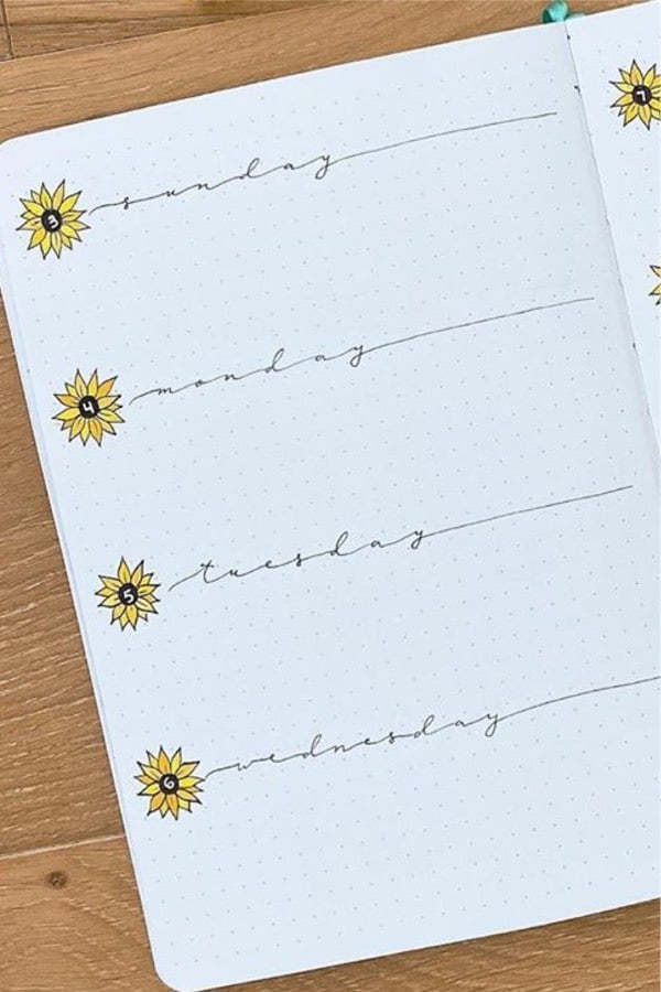 bujo log with sunflower doodles