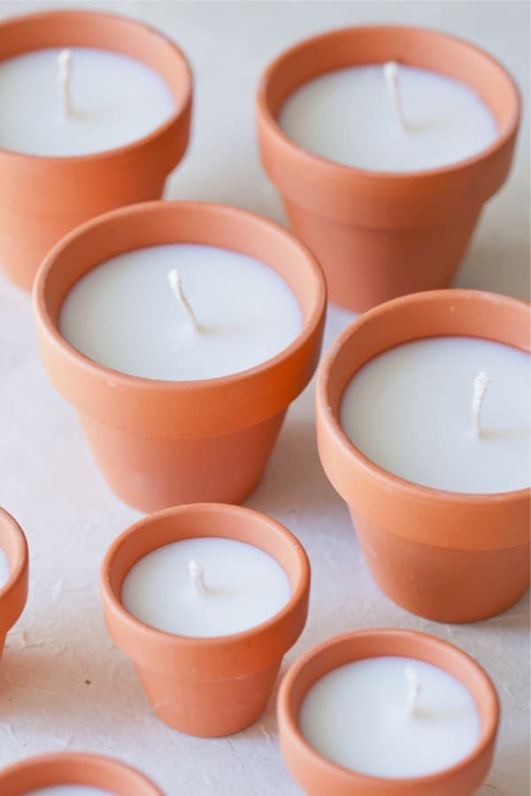 homemade candle in mini clay pots