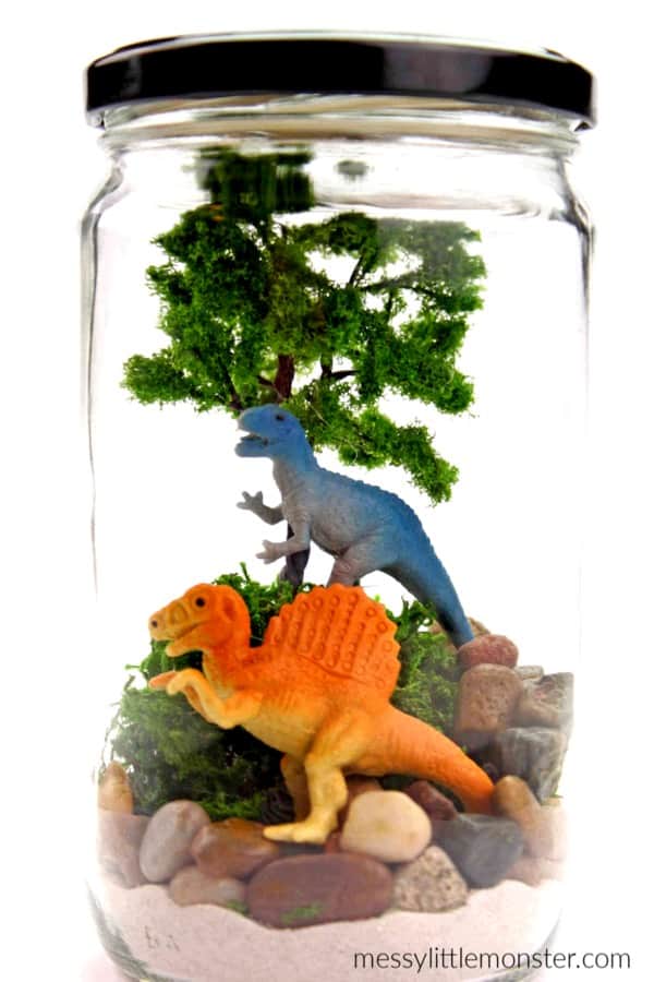 glass jar kids craft with dinosaur