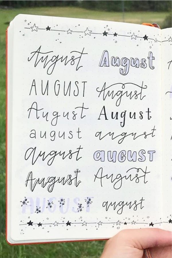 august bullet journal header for purple layout