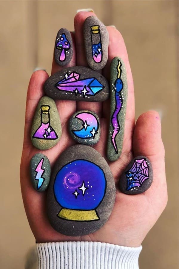 little painted rocks with halloween poison