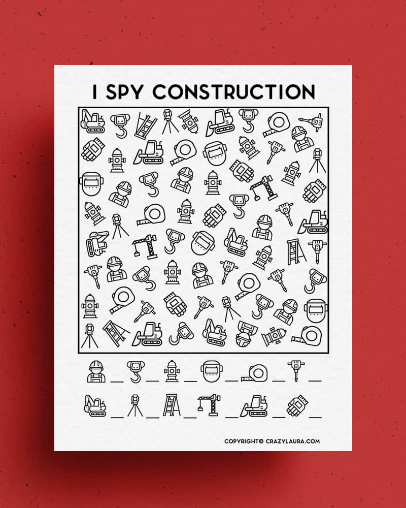 black and white i spy printable with construction theme