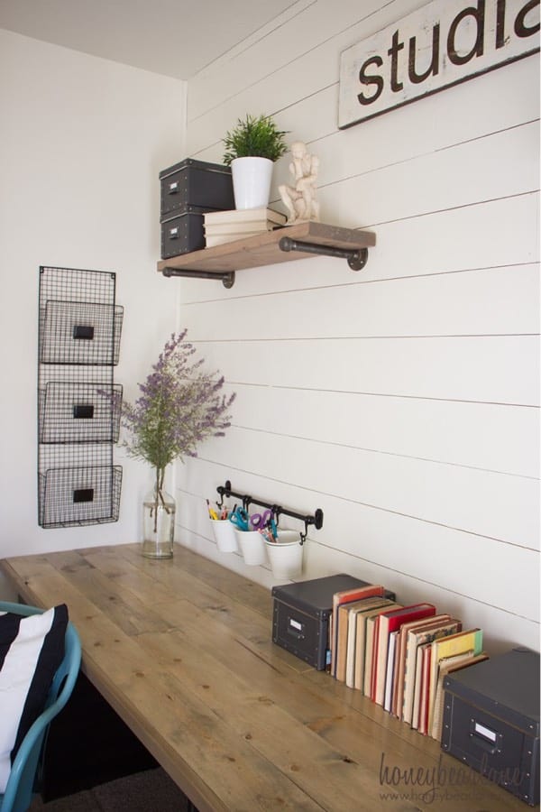 farmhouse diy desk with metal pipes