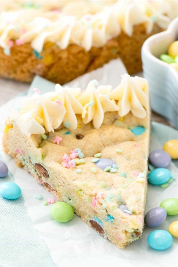 sugar cookie cake with pastel m&ms