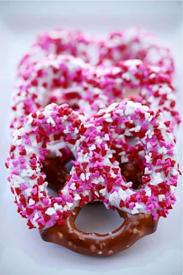 chocolate covered pretzels with valentines day sprinkles