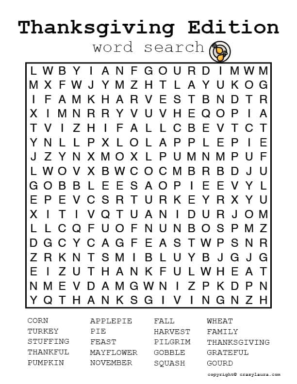 turkey day word search for kids