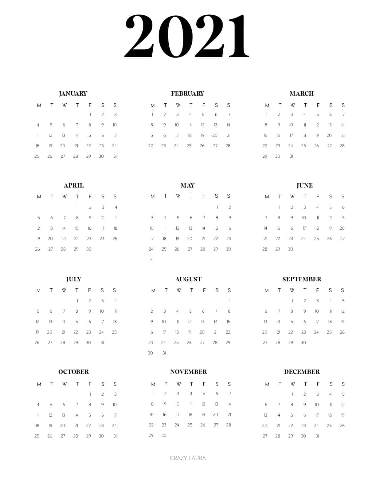 2021 yearly calendar overview