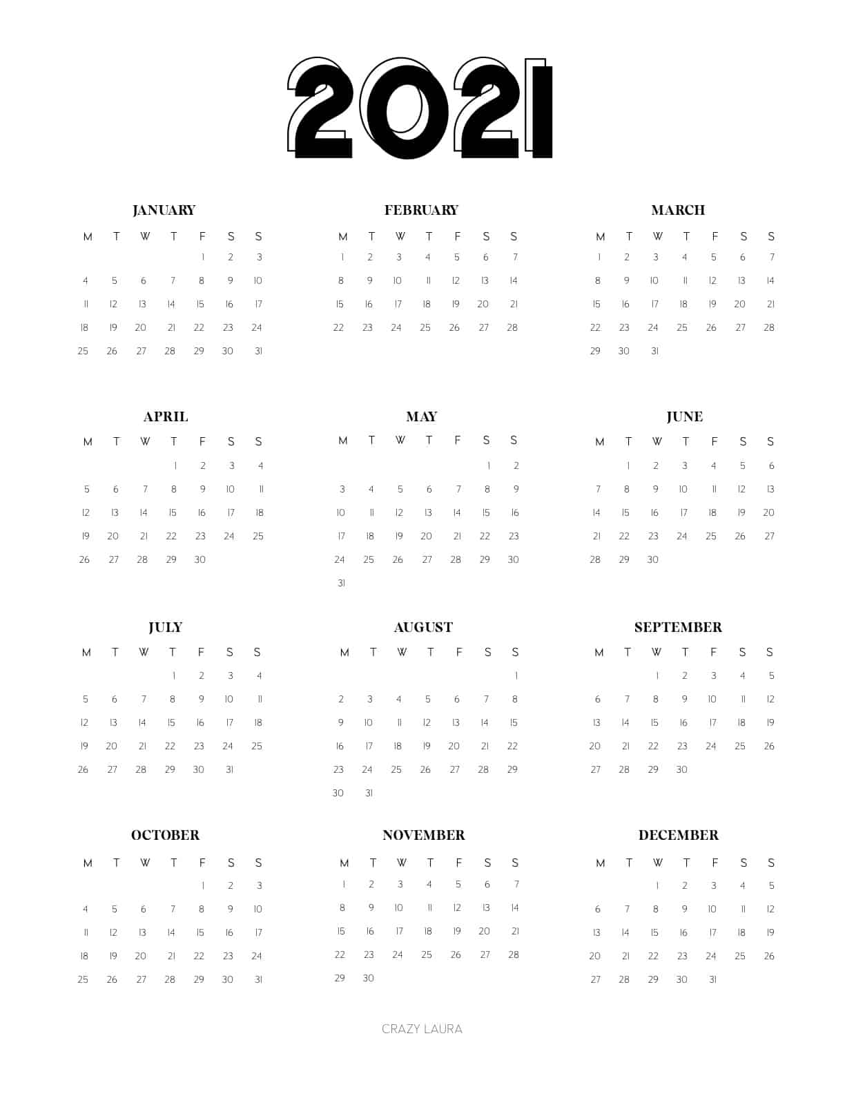 free 2021 overview calendar page
