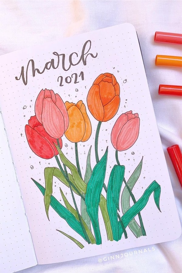 bullet journal cover with tulip doodles