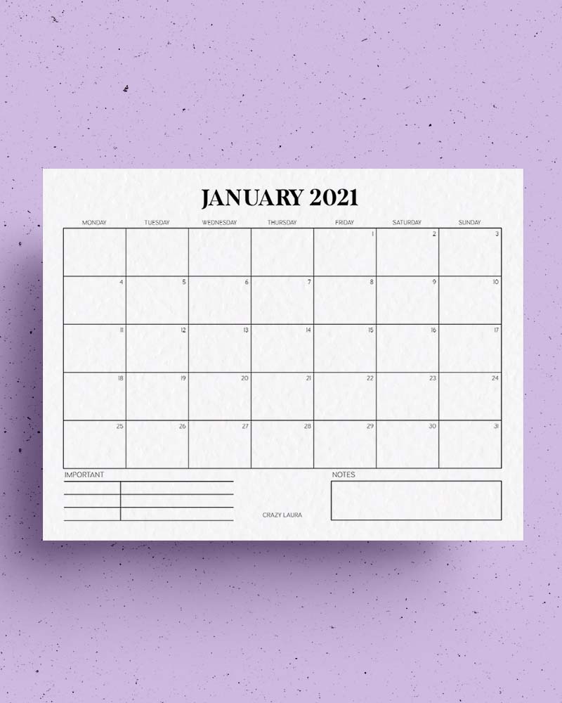 january 2021 horizontal printable page