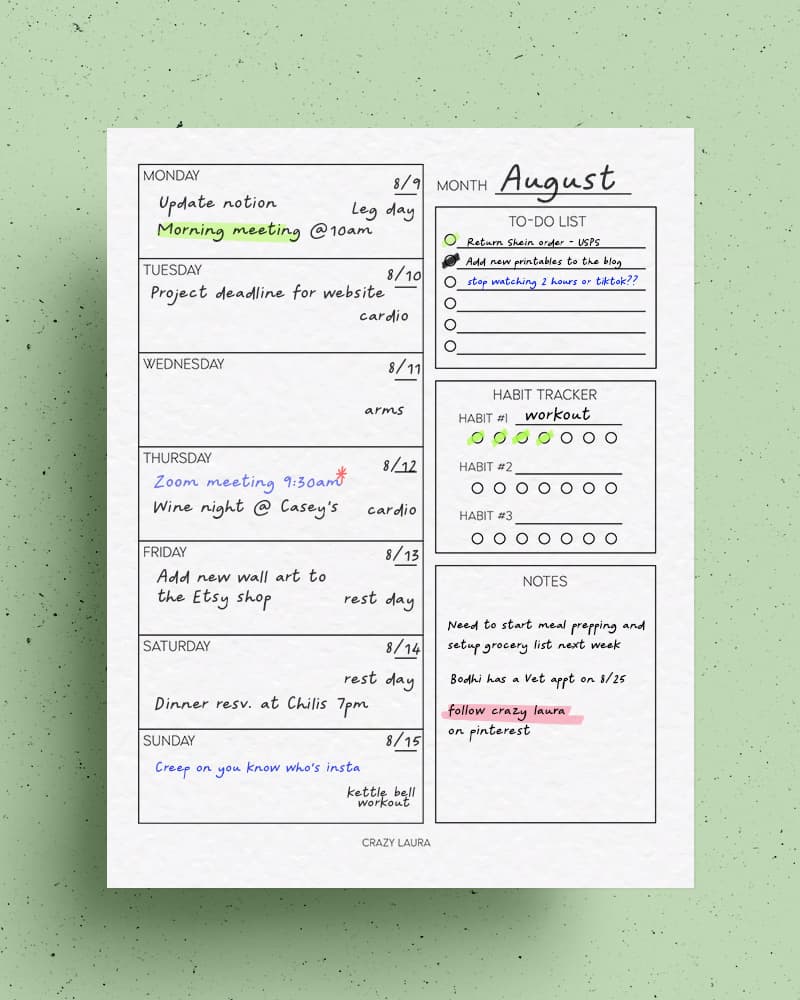 weekly planner pages to print