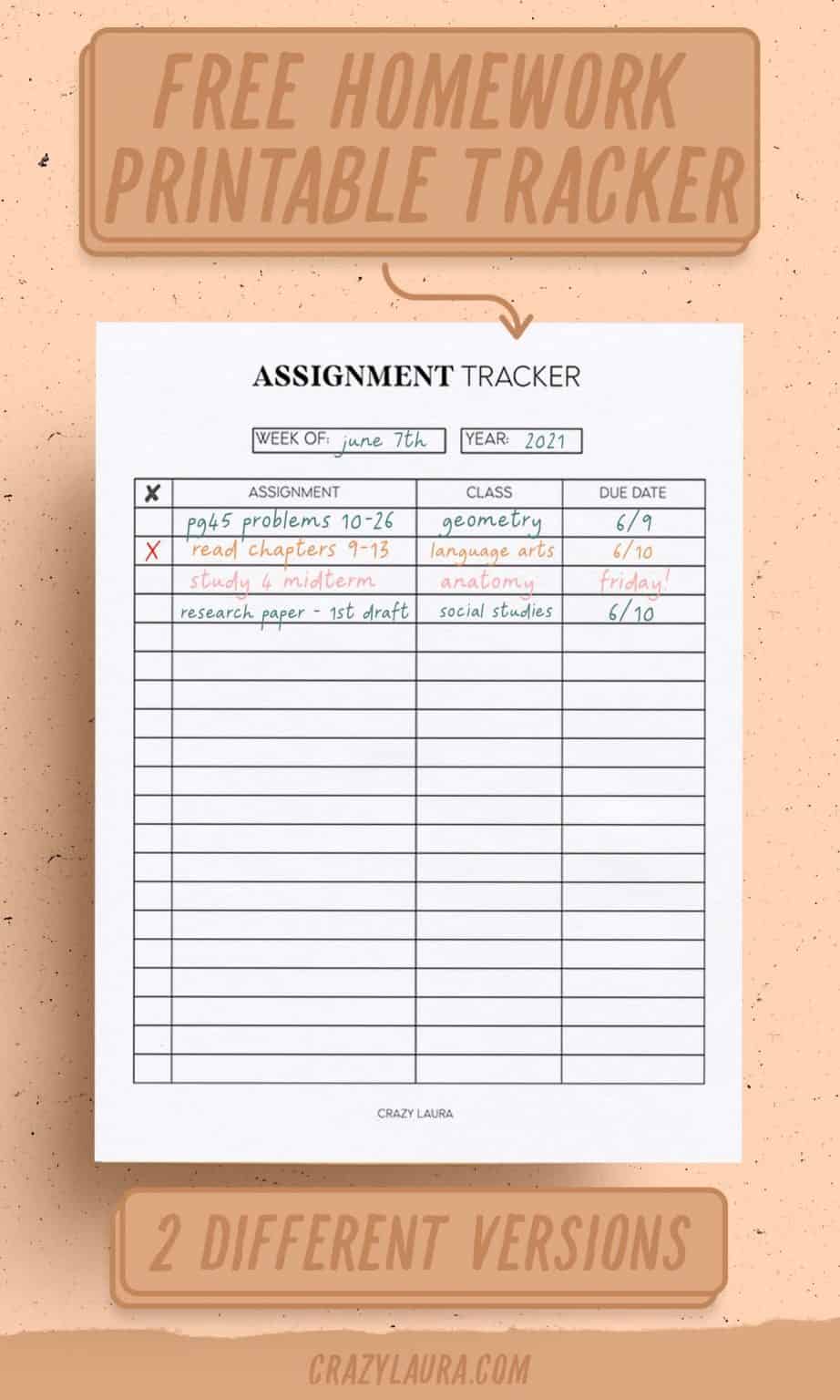 Free Assignment Tracker With Simple and Detailed Versions - Crazy Laura