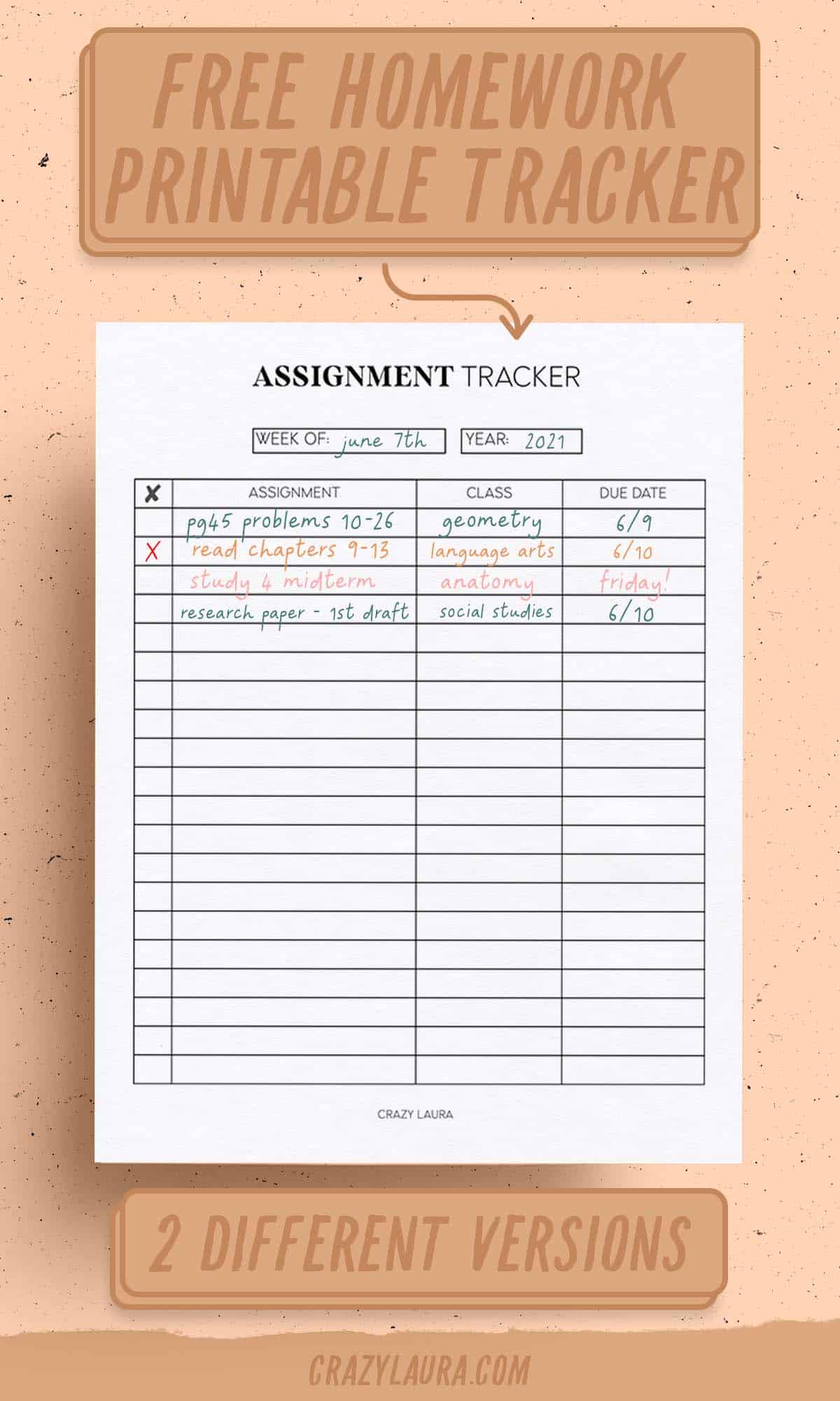 free assignment tracker printable