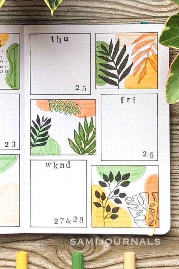 bujo weekly spread with plant leaf theme