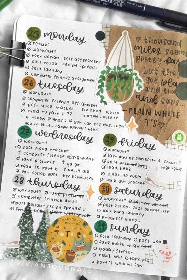bullet journal layouts with hanging plants