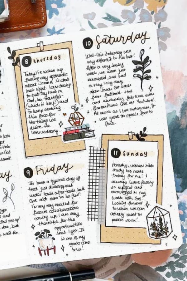 journal weekly log with plant stickers
