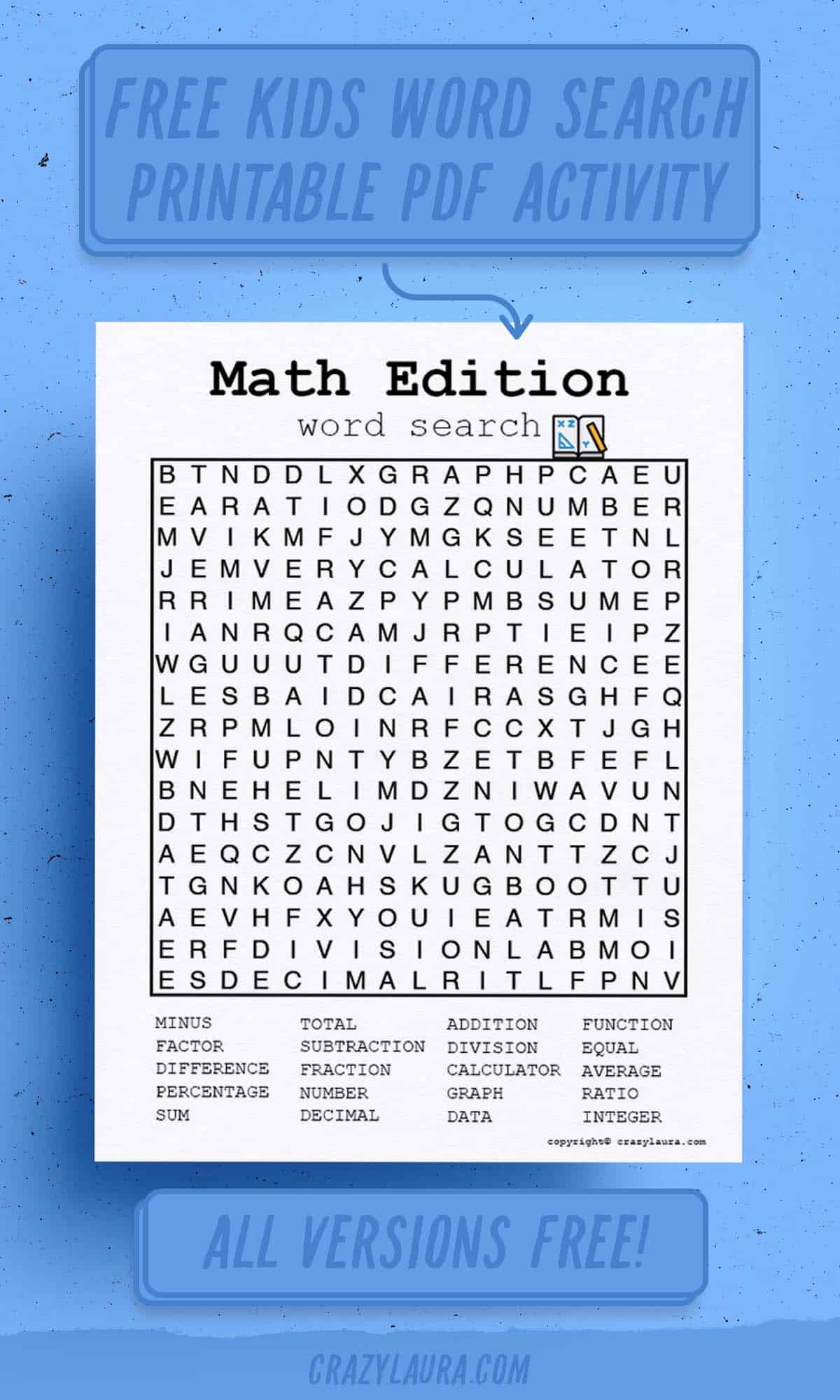 easy to print word hunt with math theme
