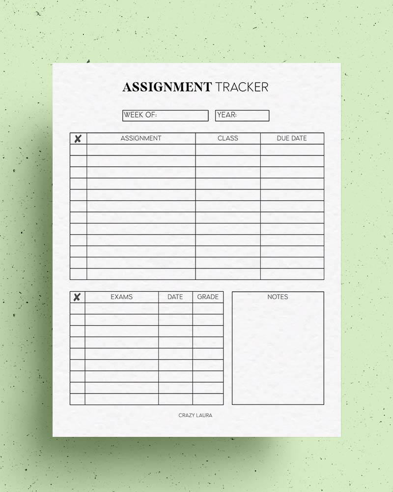 homework tracker printable
