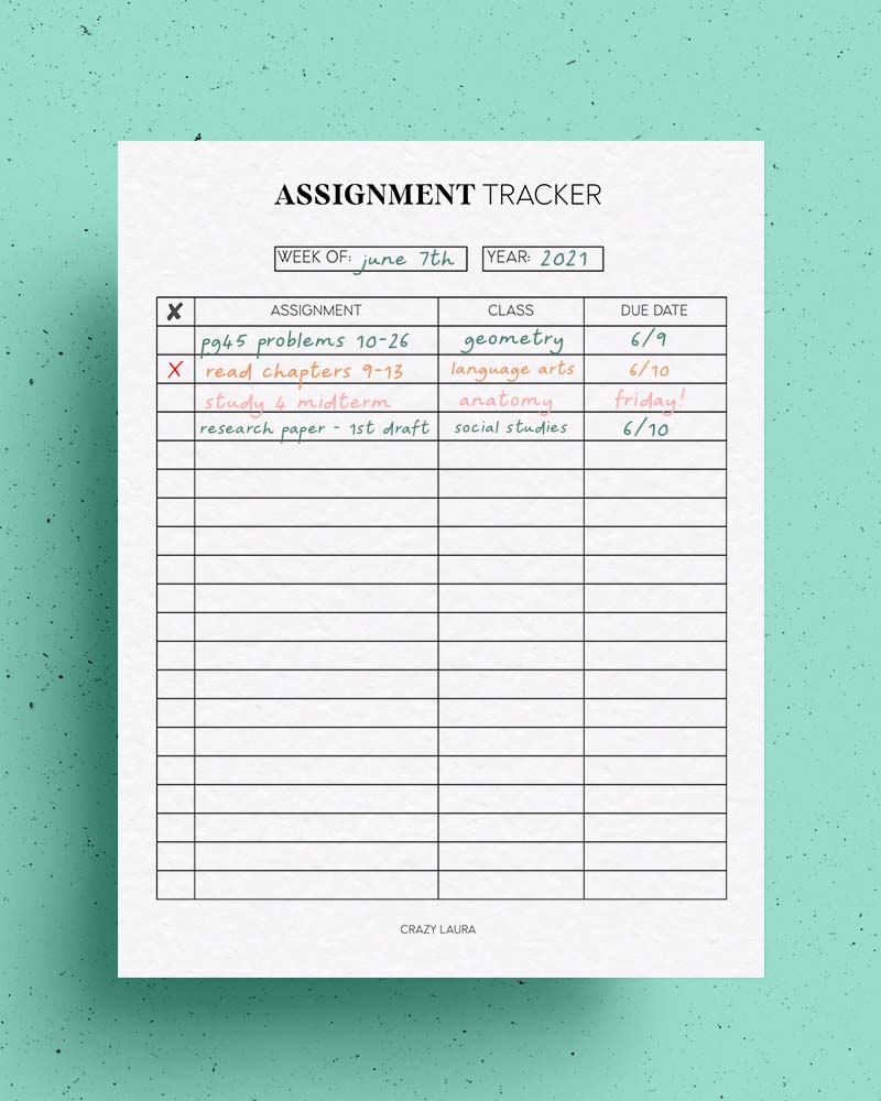printable assignment tracker template