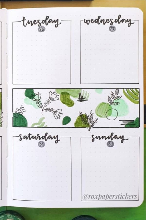 bullet journal spread with plant theme drawings