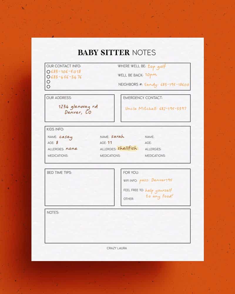 baby sitter information printable sheet