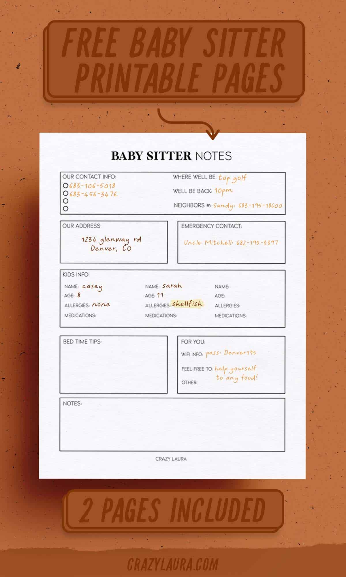 blank baby sitter printable inserts