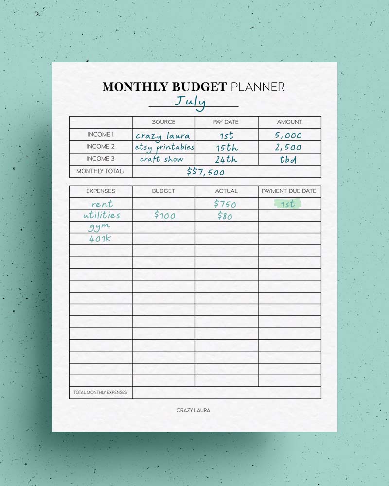monthly budget printable sheets