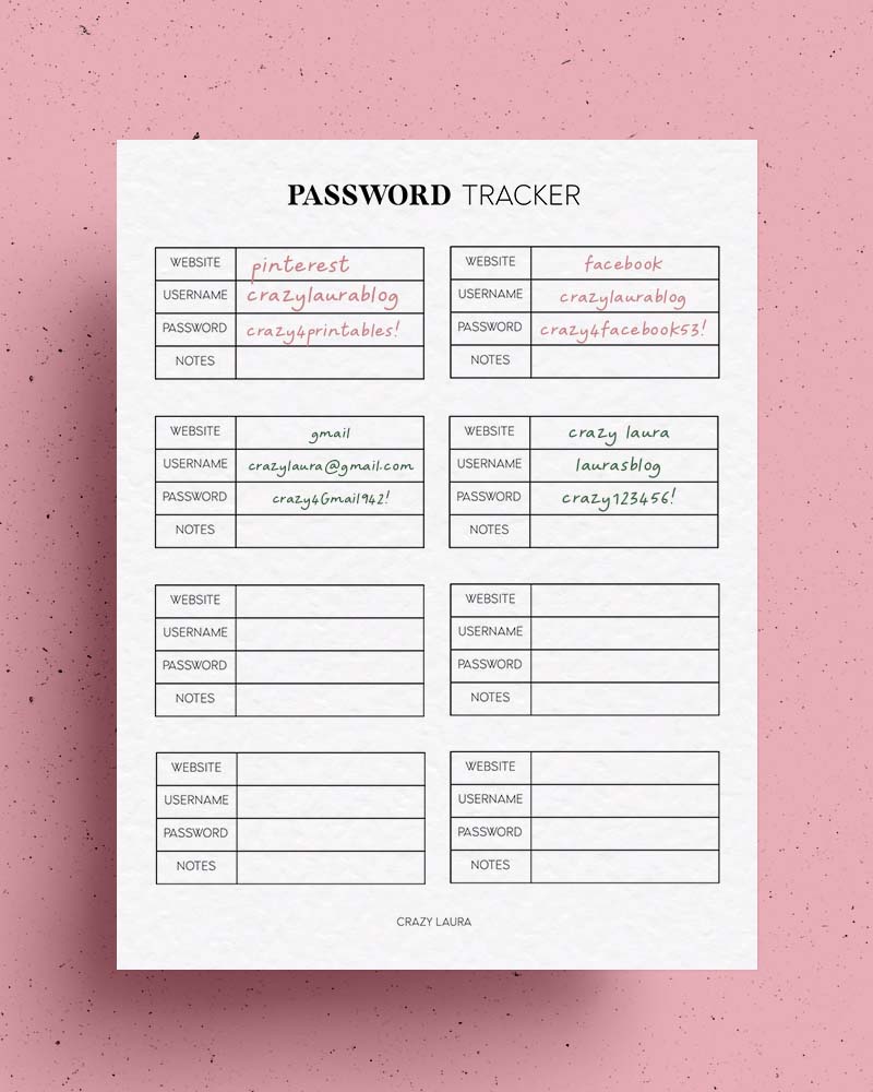 blank printable password tracker