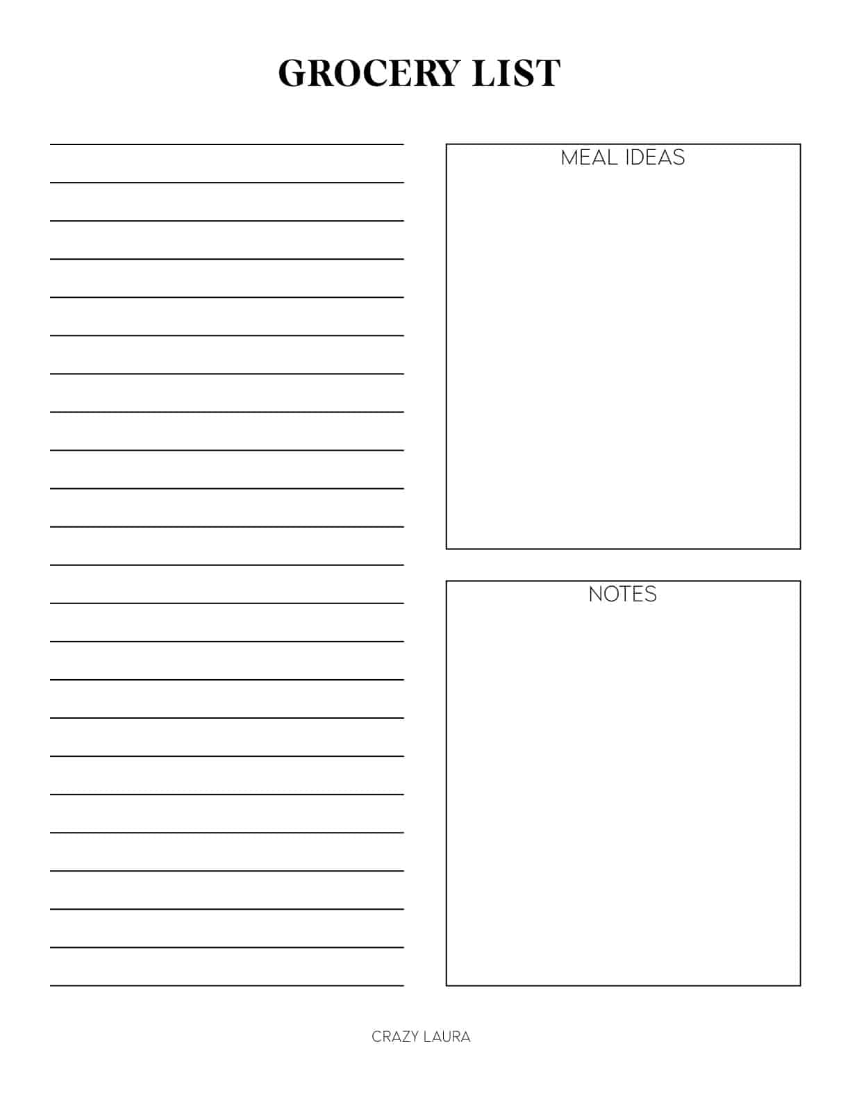 detailed grocery list printable