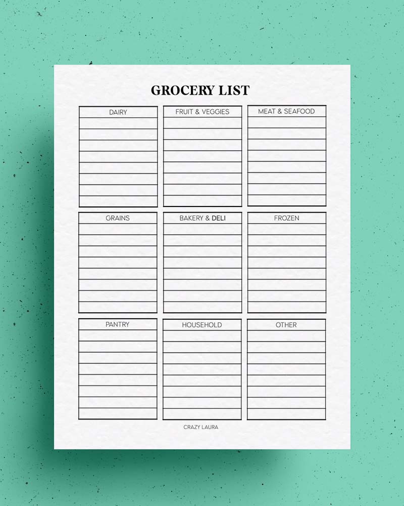 categorized grocery tracking printable