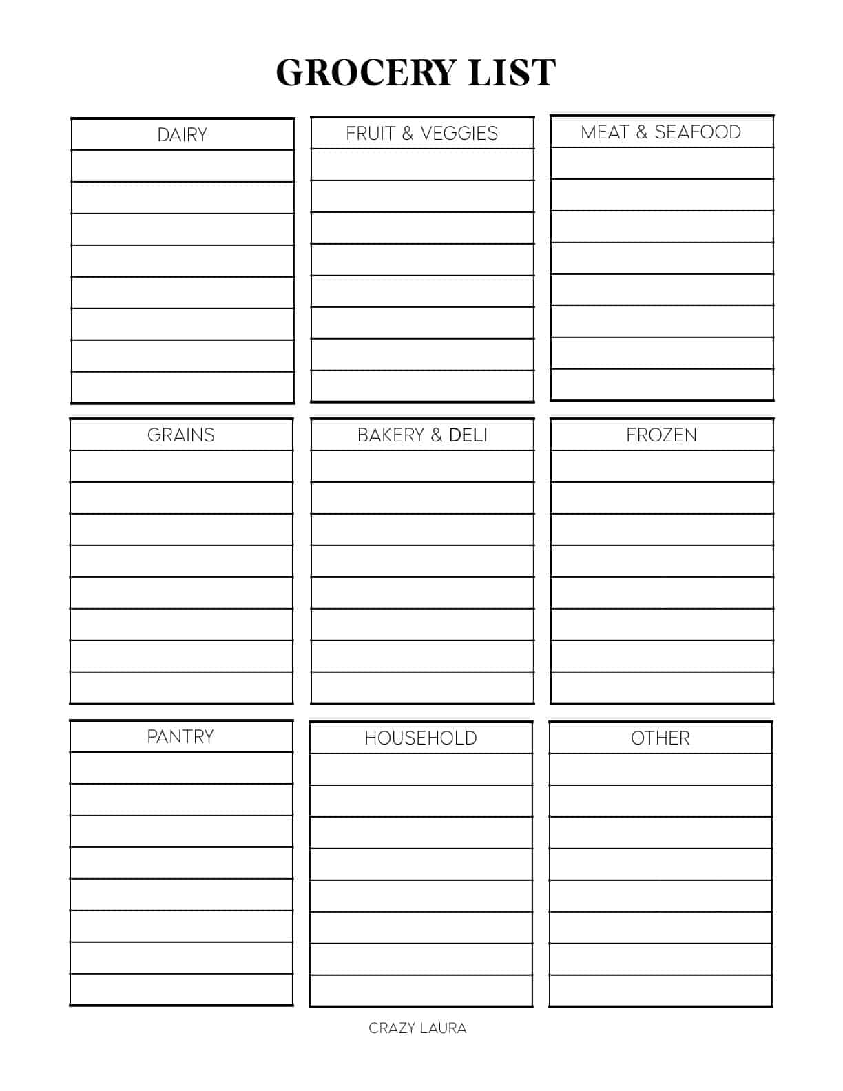 categorized grocery tracking sheets