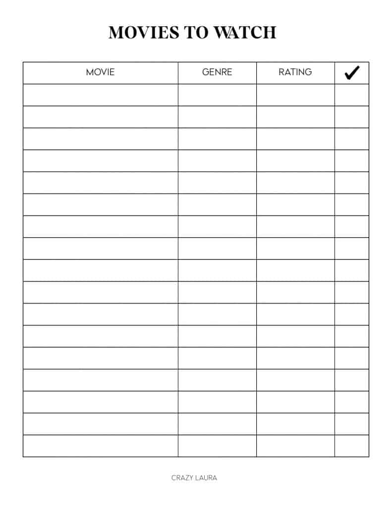 Free TV Series &amp; Movie Tracker Printable PDF Sheets - Crazy Laura