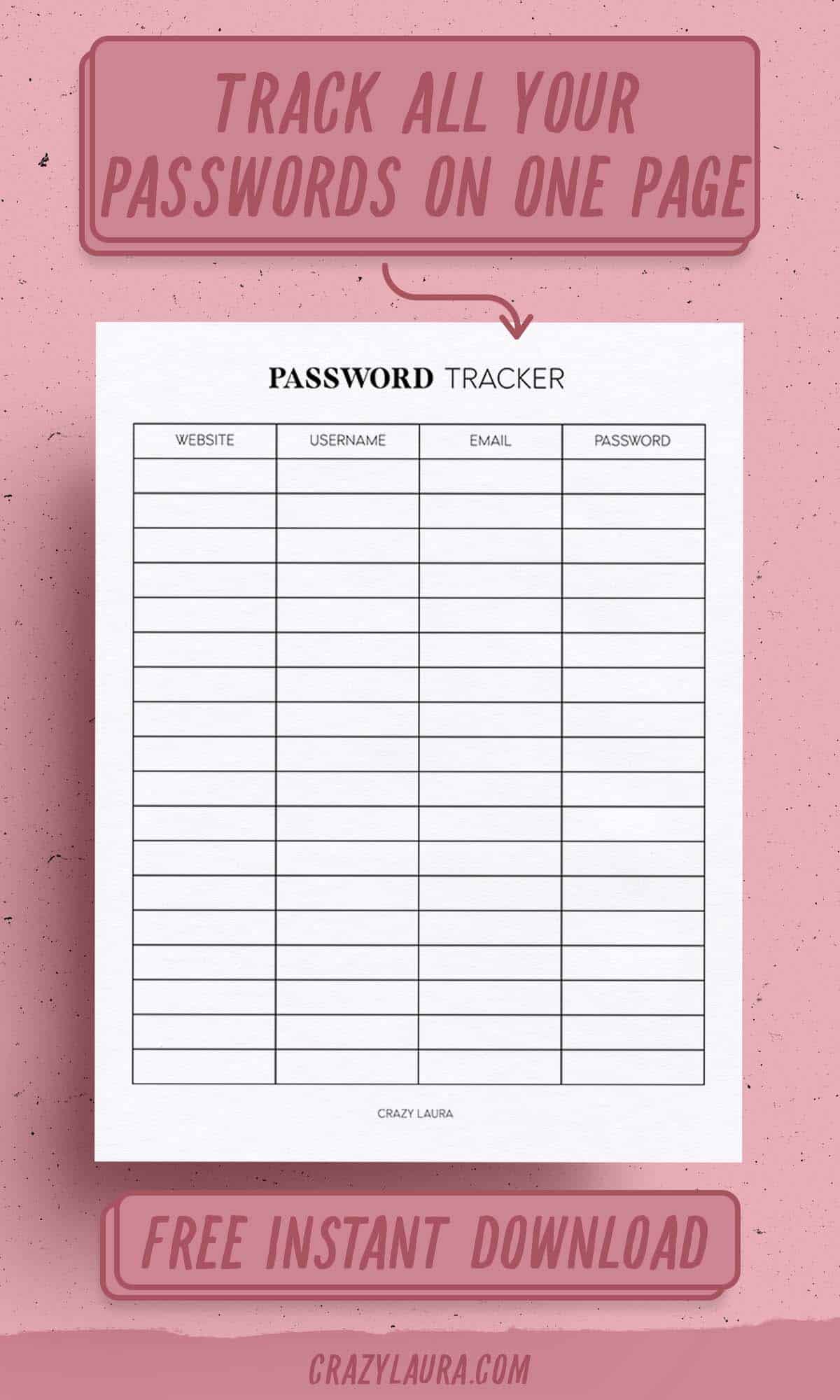 password tracker one pager printable