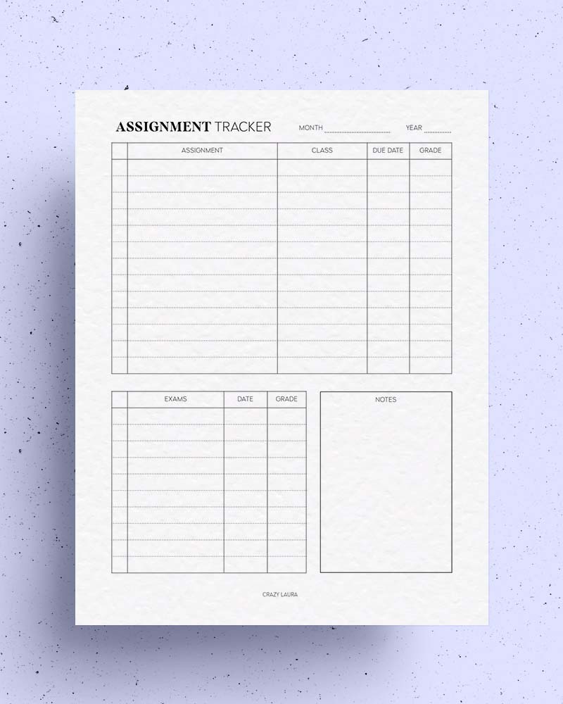 simple assignment tracker printable
