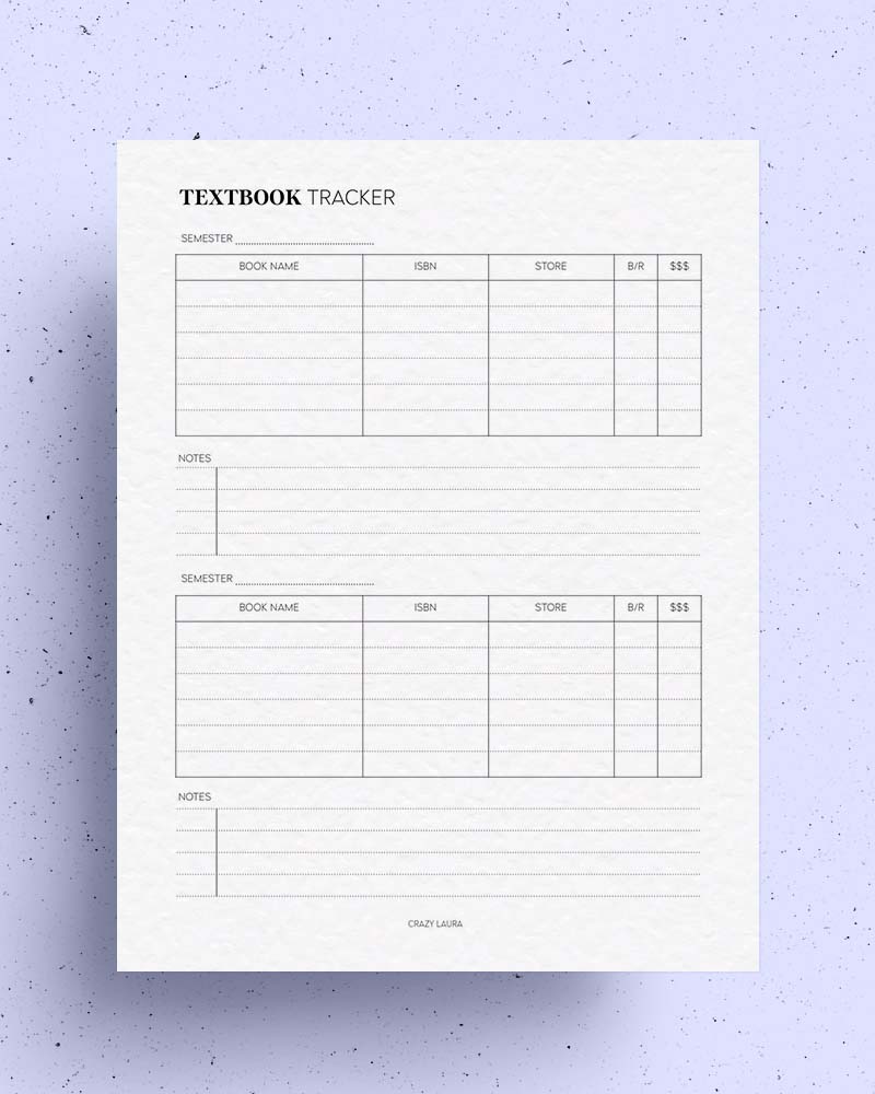 printable textbook tracker