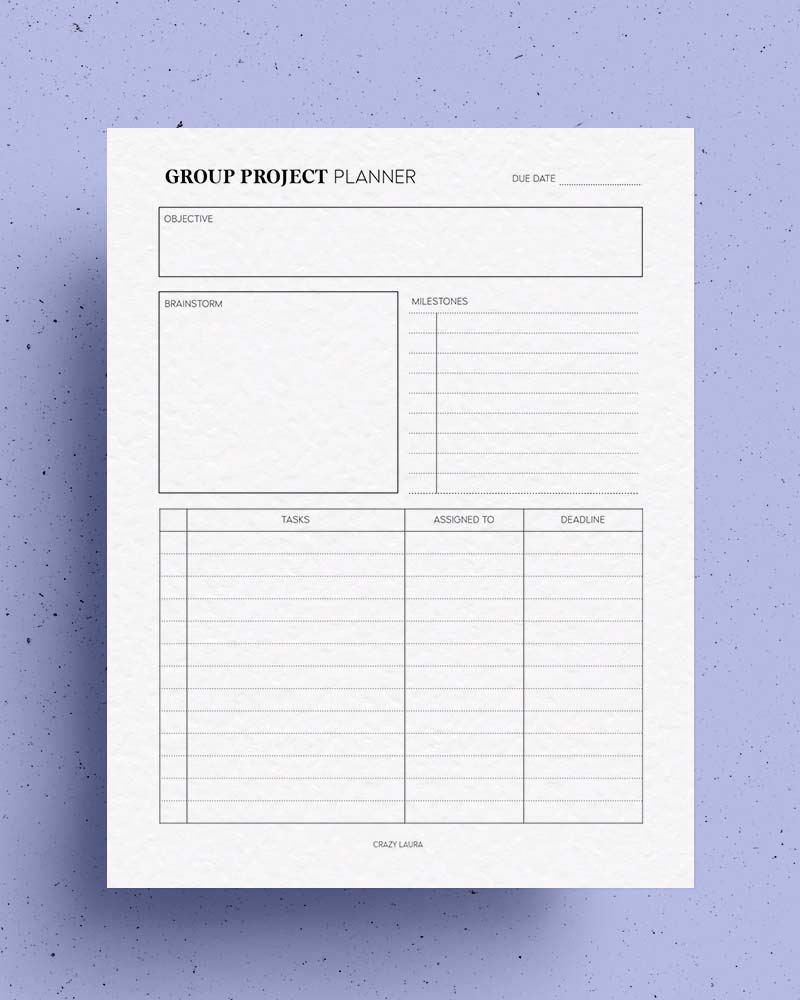 printable page insert for project planning
