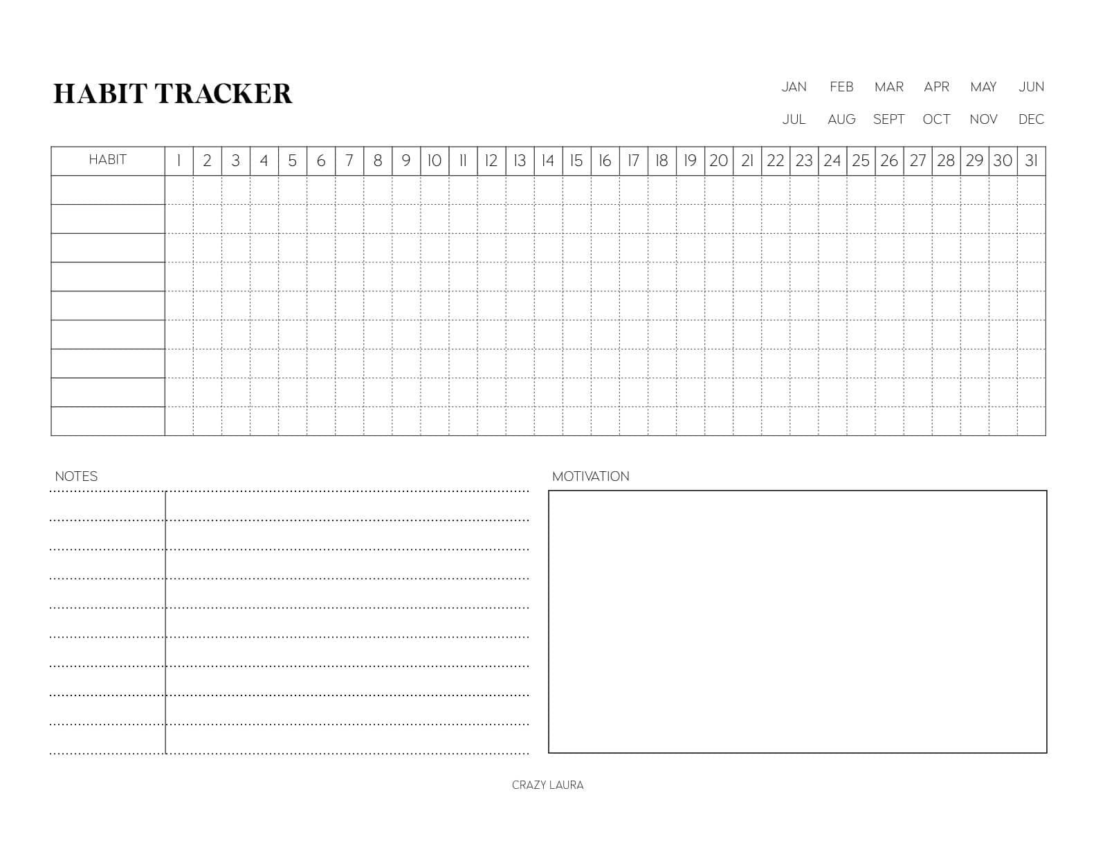 horizontal habit tracker printable