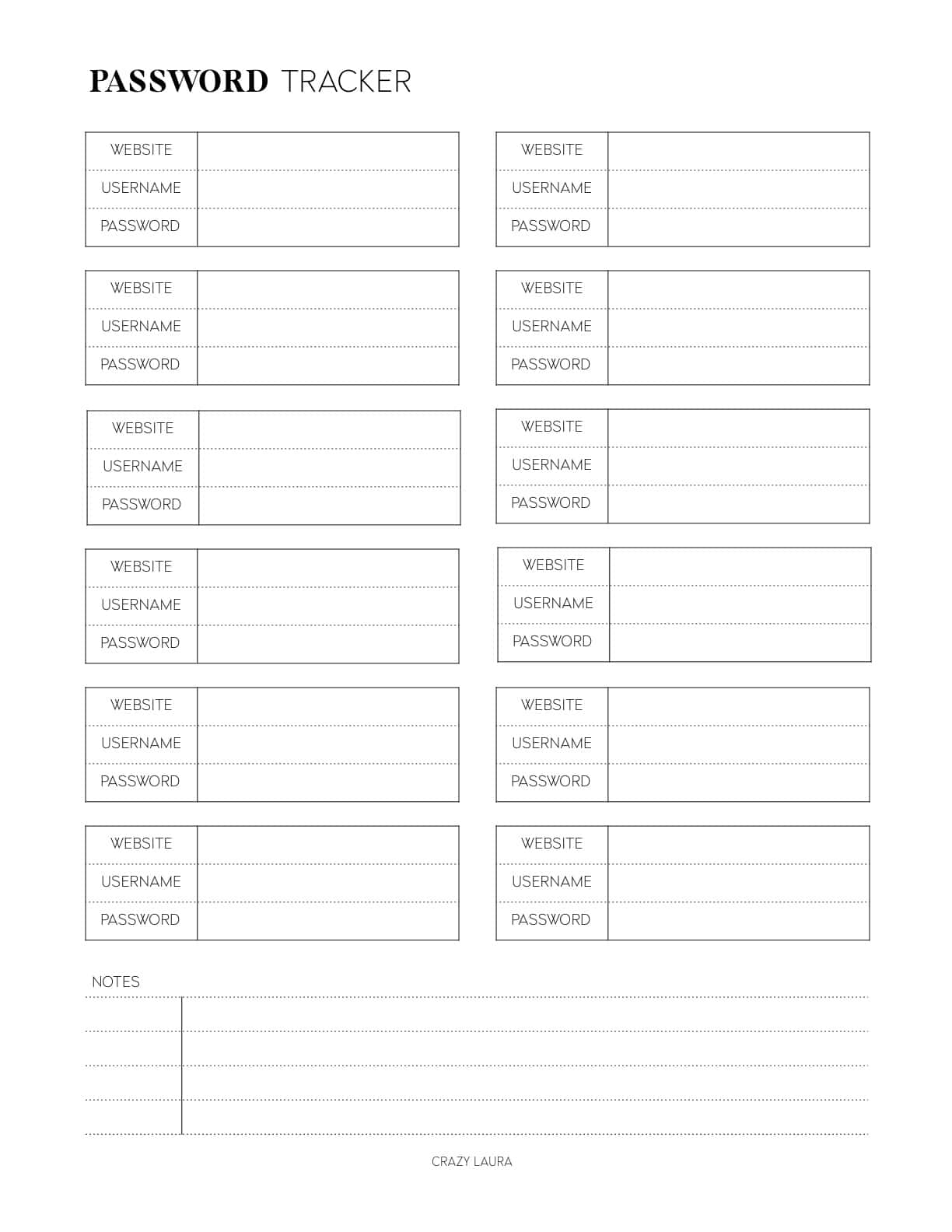 blank password tracker printable pdf