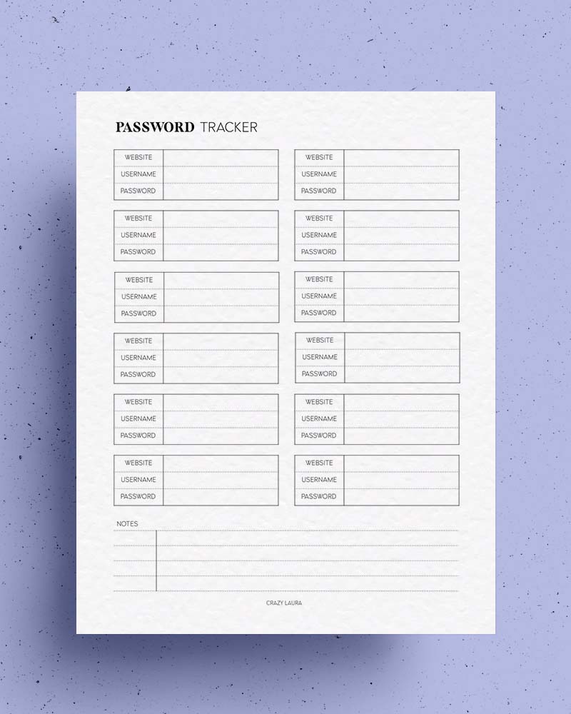printable password tracker page