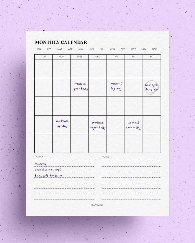 printable calendar page insert